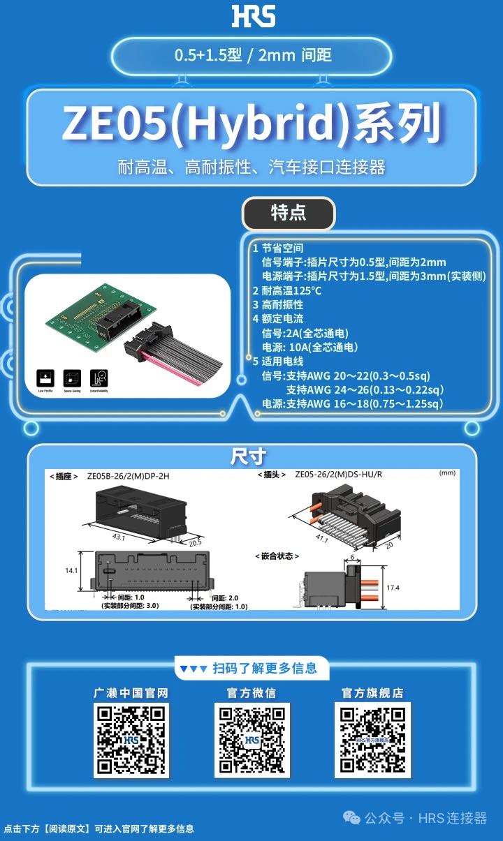 【產品推薦】耐高溫、高耐振性、汽車接口、電源信號混合型連接器ZE05系列